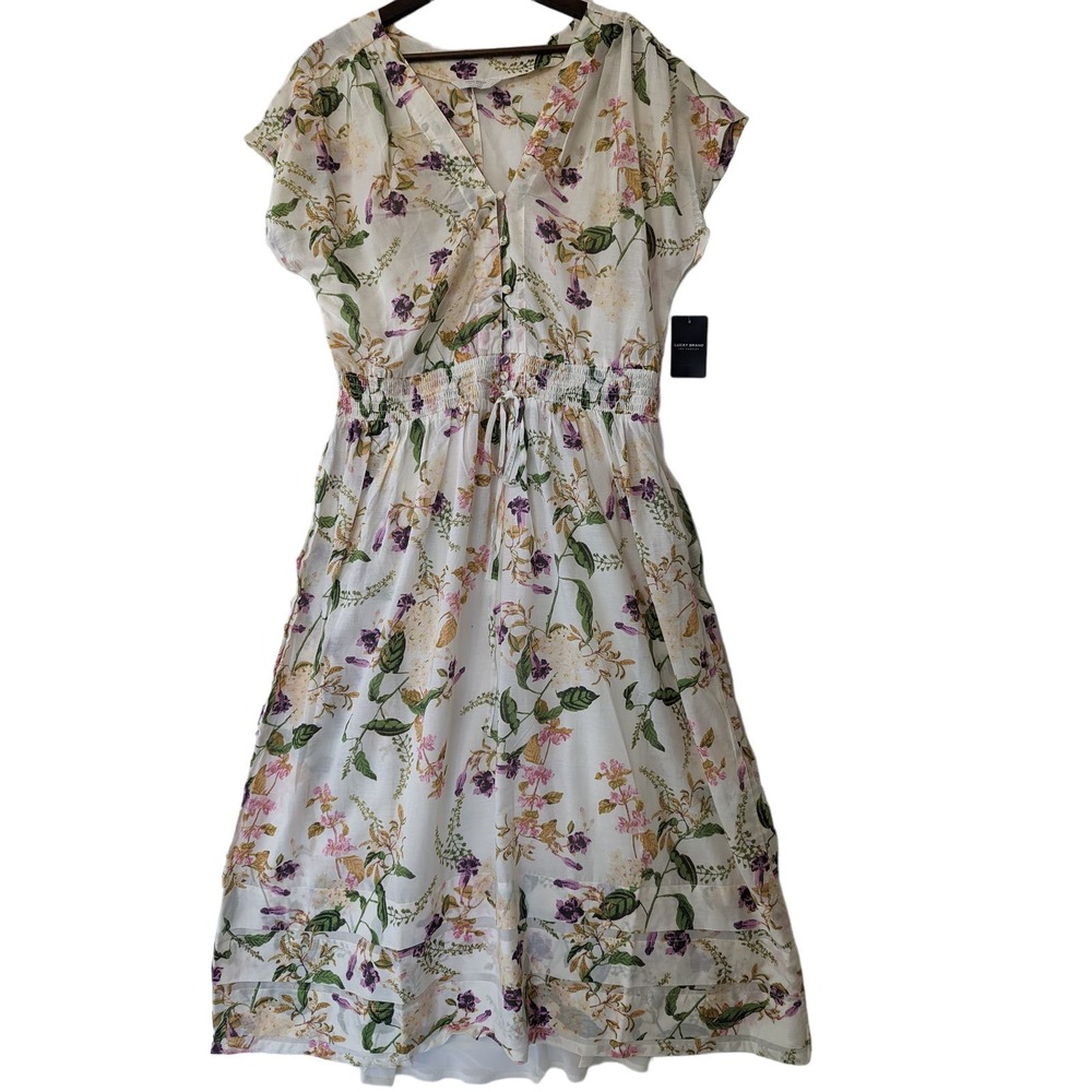 Lucky Brand Womens Antique Floral Peasant Midi Dress Size Large Smocked Flutter